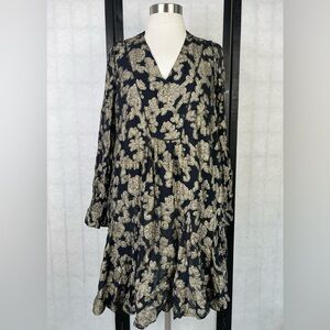 Anthropologie Black and Gold Floral Long Sleeve Dress S